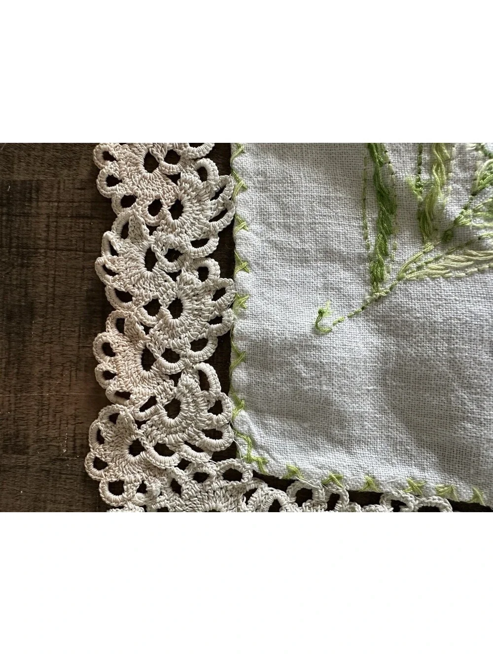 Vintage Embroidered Linen Table Runner with Lace Trim